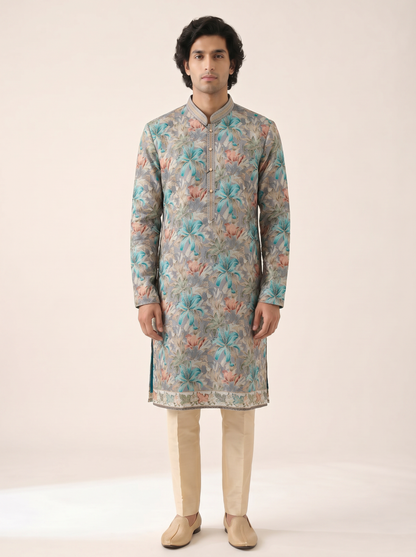 ASH BLUE TROPICAL EMBELLISHED KURTA SET