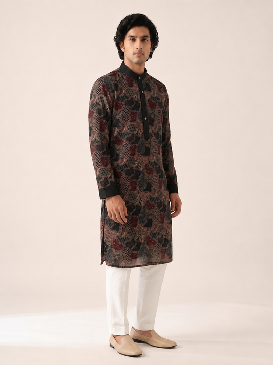 BLACK MULTICOLOURED  EMBELLISHED KURTA SET