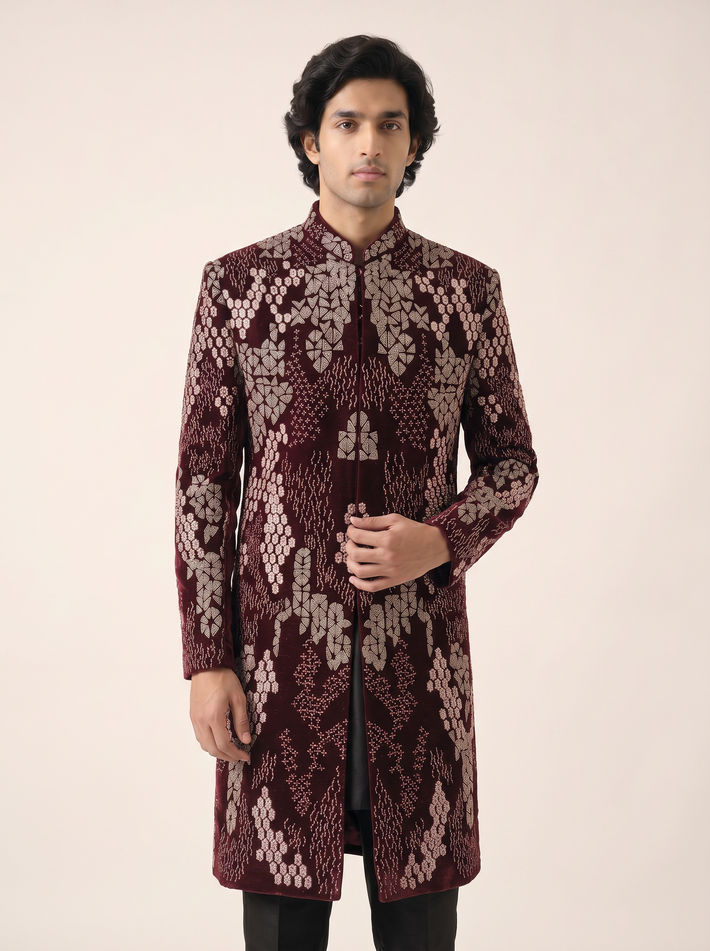 MAROON VELVET SEQUINS & BEADS EMBROIDERED ACHKAN