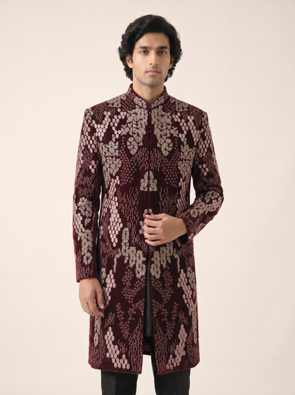 MAROON VELVET SEQUINS & BEADS EMBROIDERED ACHKAN