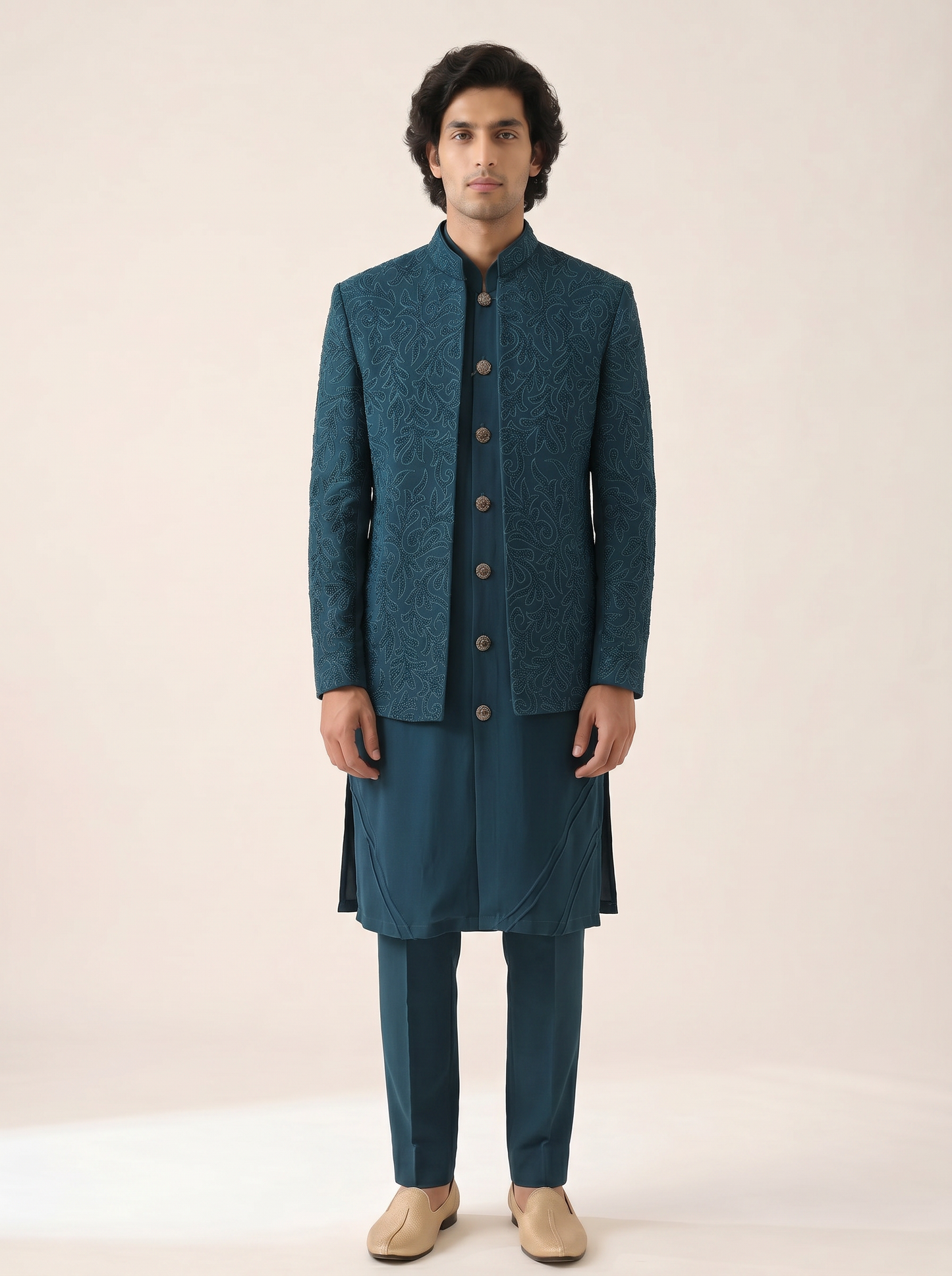 TEAL BLUE MONOCHROMATIC EMBELLISHED  INDOWESTERN SET