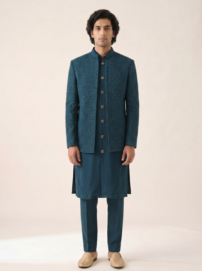 TEAL BLUE MONOCHROMATIC EMBELLISHED  INDOWESTERN SET