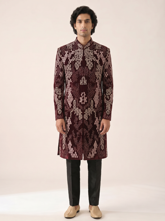 MAROON VELVET SEQUINS & BEADS EMBROIDERED ACHKAN