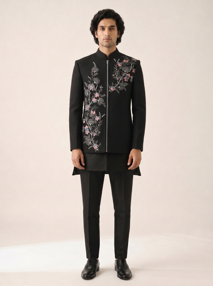 BLACK MULTICOLOR TROPICAL EMBROIDERED BANDHGALA