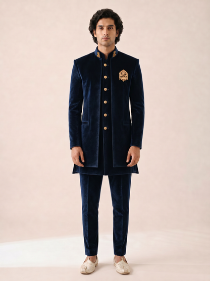 NAVY SUPER SOFT VELVET BANDHGALA SET