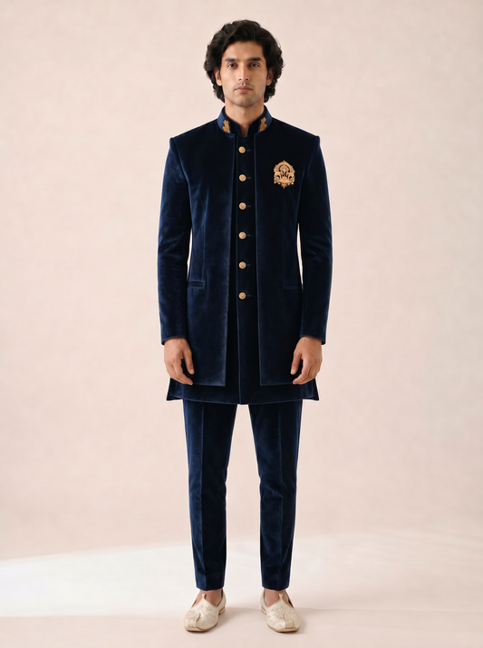 NAVY SUPER SOFT VELVET BANDHGALA SET