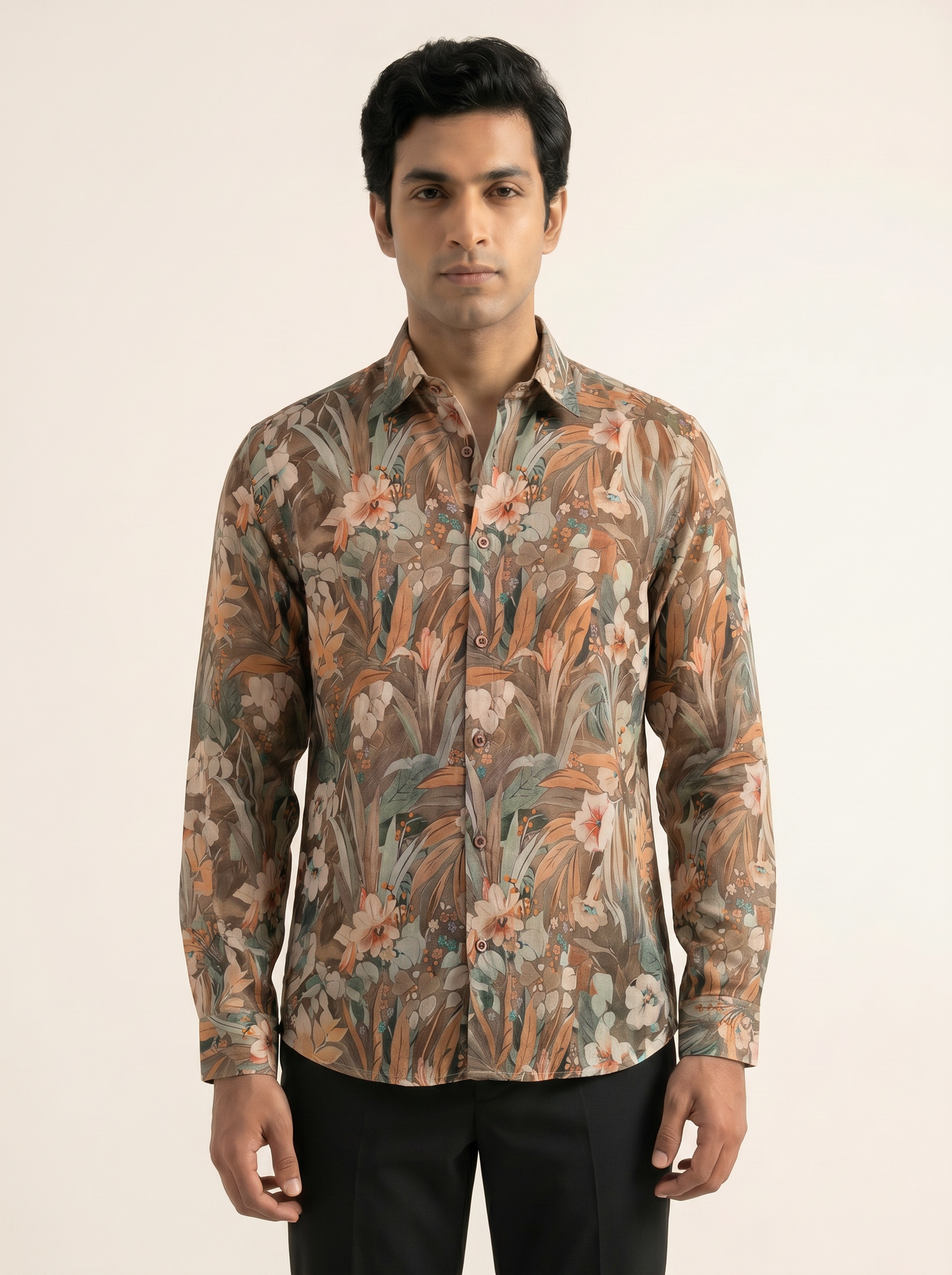 BROWN TEXTURED TROPICAL PRINTED SHIRT