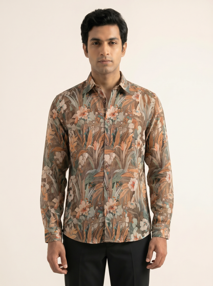 BROWN TEXTURED TROPICAL PRINTED SHIRT