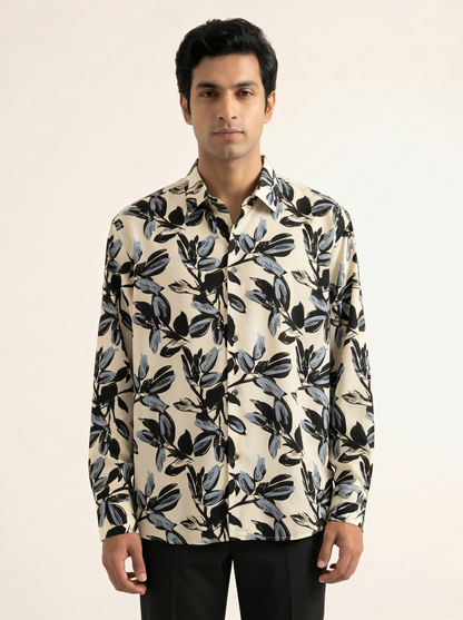 WHITE PREMIUM TEXTURED TROPICAL PRINTED SHIRT