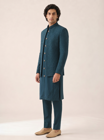TEAL BLUE MONOCHROMATIC EMBELLISHED  INDOWESTERN SET