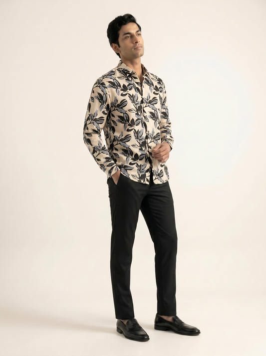 WHITE PREMIUM TEXTURED TROPICAL PRINTED SHIRT