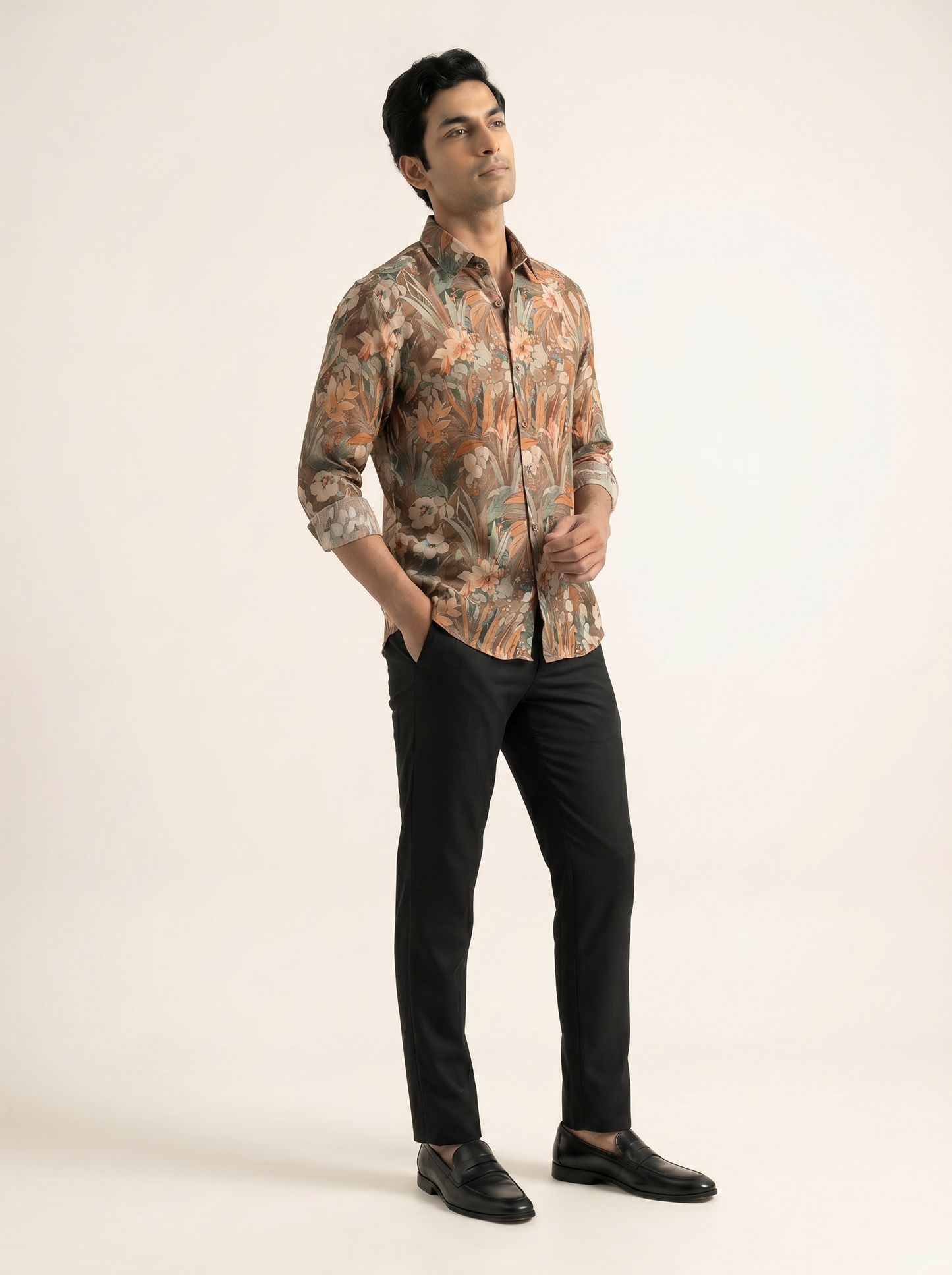 BROWN TEXTURED TROPICAL PRINTED SHIRT