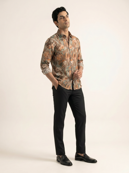 BROWN TEXTURED TROPICAL PRINTED SHIRT