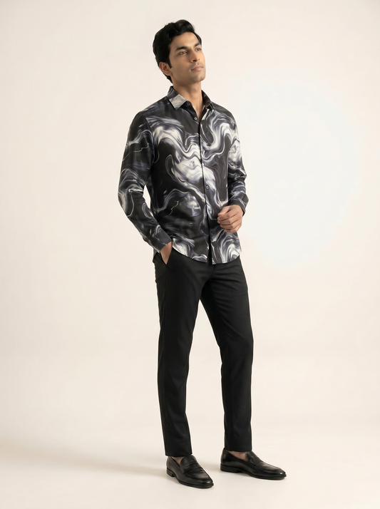 BLACK DIGITAL PRINTED TEXTURED SHIRT