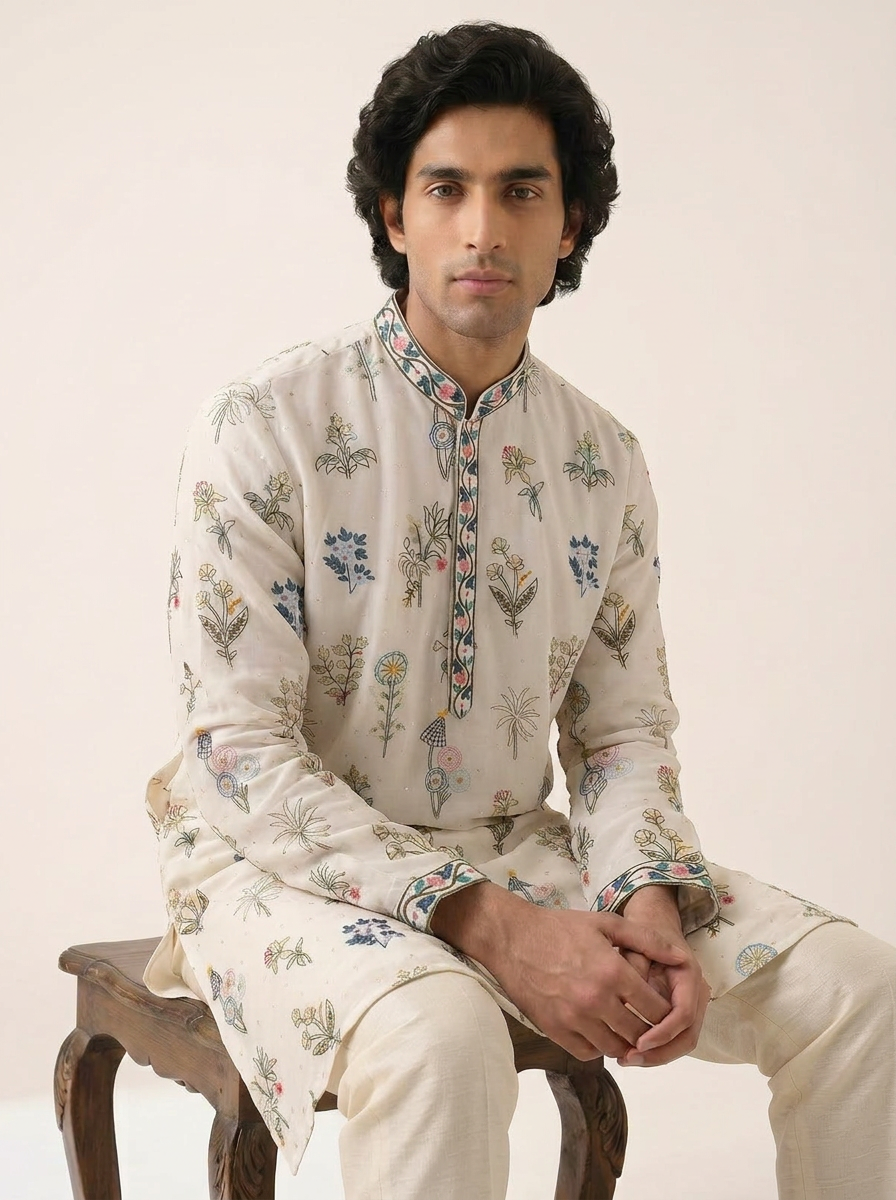 PEARL WHITE TROPICAL EMBROIDERED KURTA SET