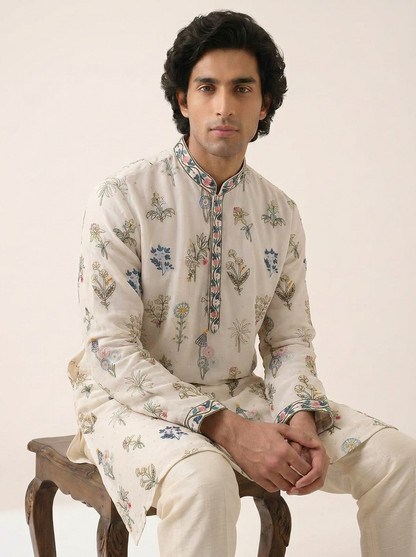 PEARL WHITE TROPICAL EMBROIDERED KURTA SET