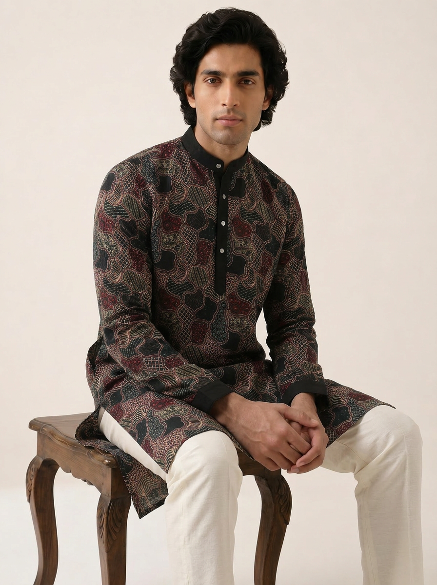BLACK MULTICOLOURED  EMBELLISHED KURTA SET
