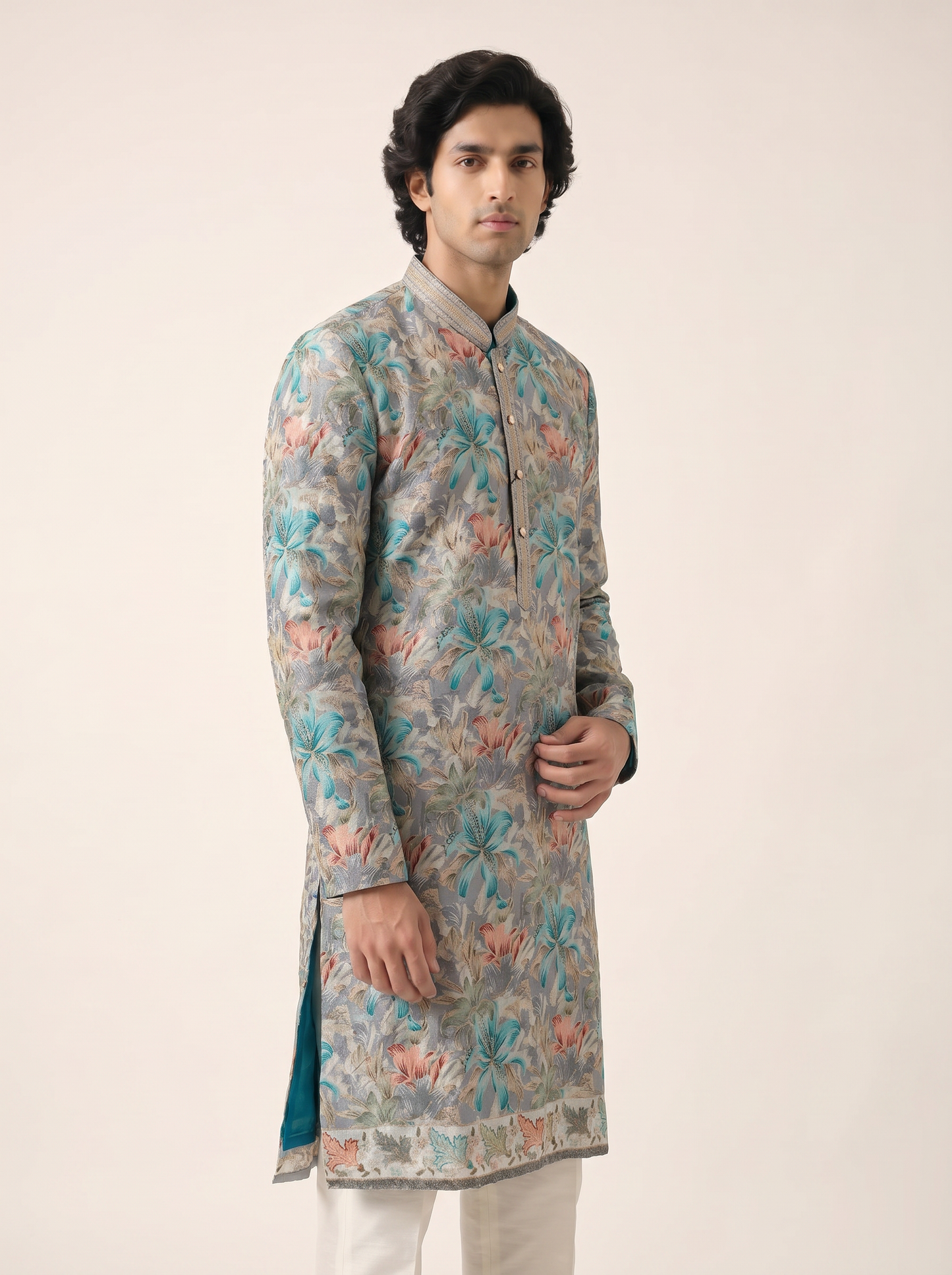 ASH BLUE TROPICAL EMBELLISHED KURTA SET