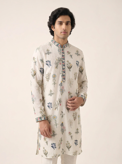 PEARL WHITE TROPICAL EMBROIDERED KURTA SET