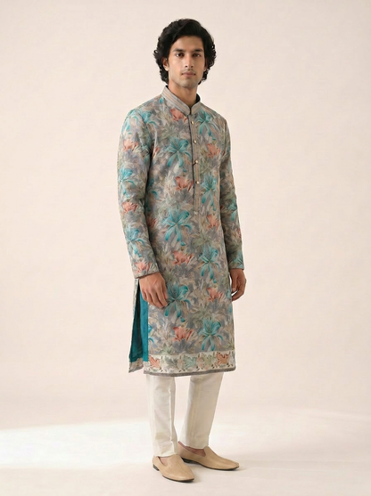 ASH BLUE TROPICAL EMBELLISHED KURTA SET