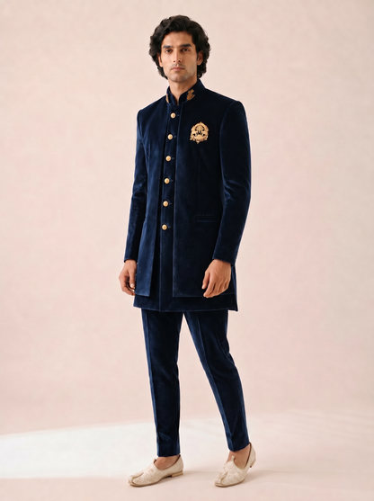 NAVY SUPER SOFT VELVET BANDHGALA SET
