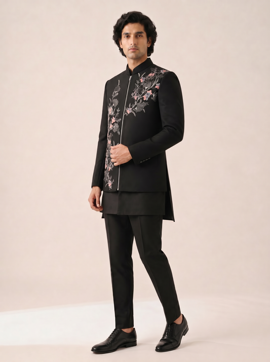BLACK MULTICOLOR TROPICAL EMBROIDERED BANDHGALA
