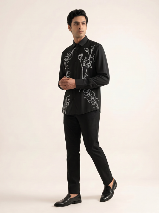 BLACK PREMIUM TROPICAL EMBELLISHED SHIRT