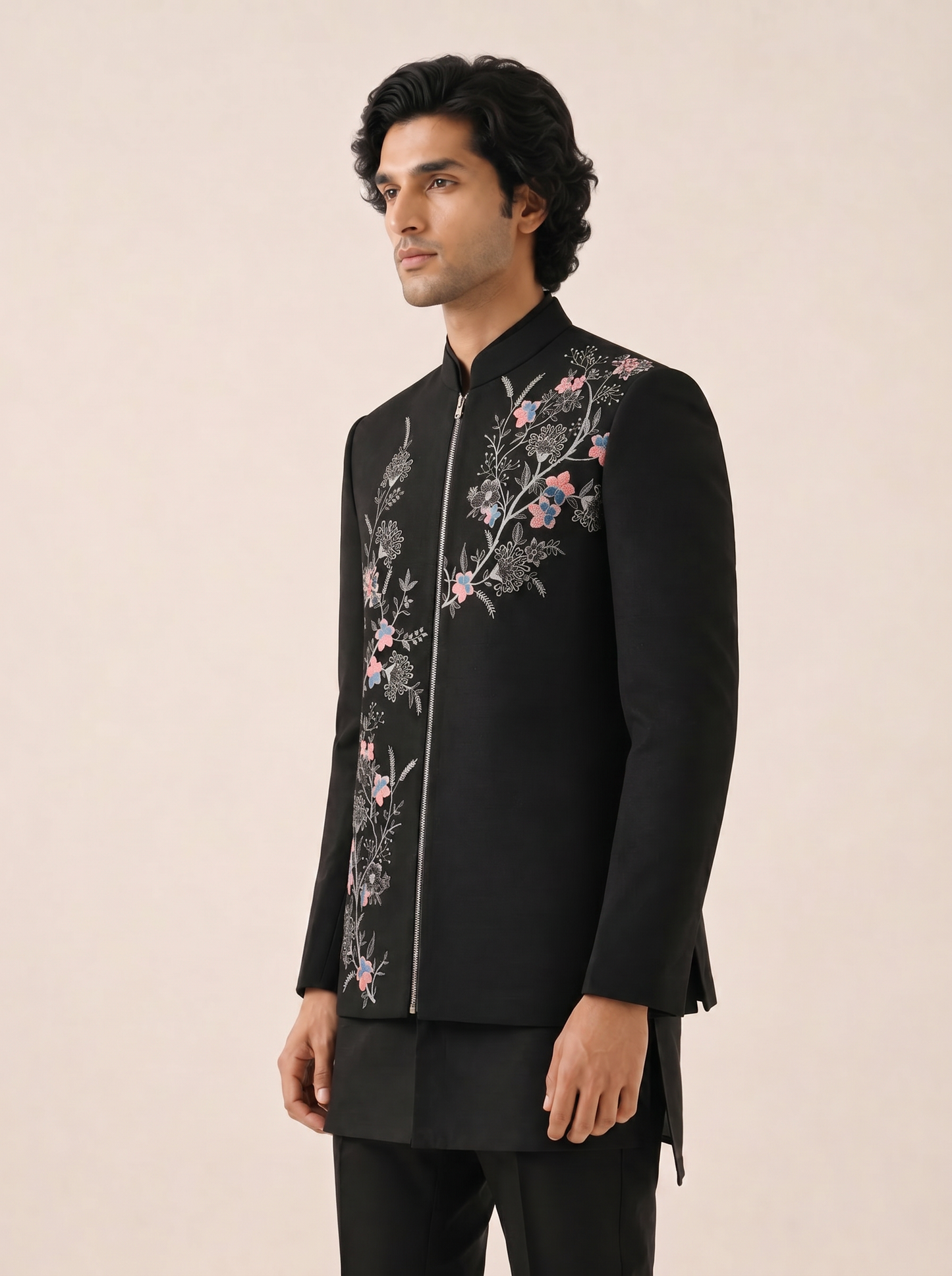 BLACK MULTICOLOR TROPICAL EMBROIDERED BANDHGALA