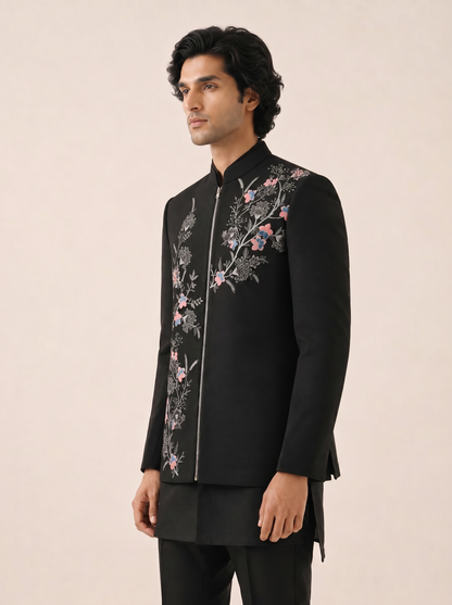 BLACK MULTICOLOR TROPICAL EMBROIDERED BANDHGALA