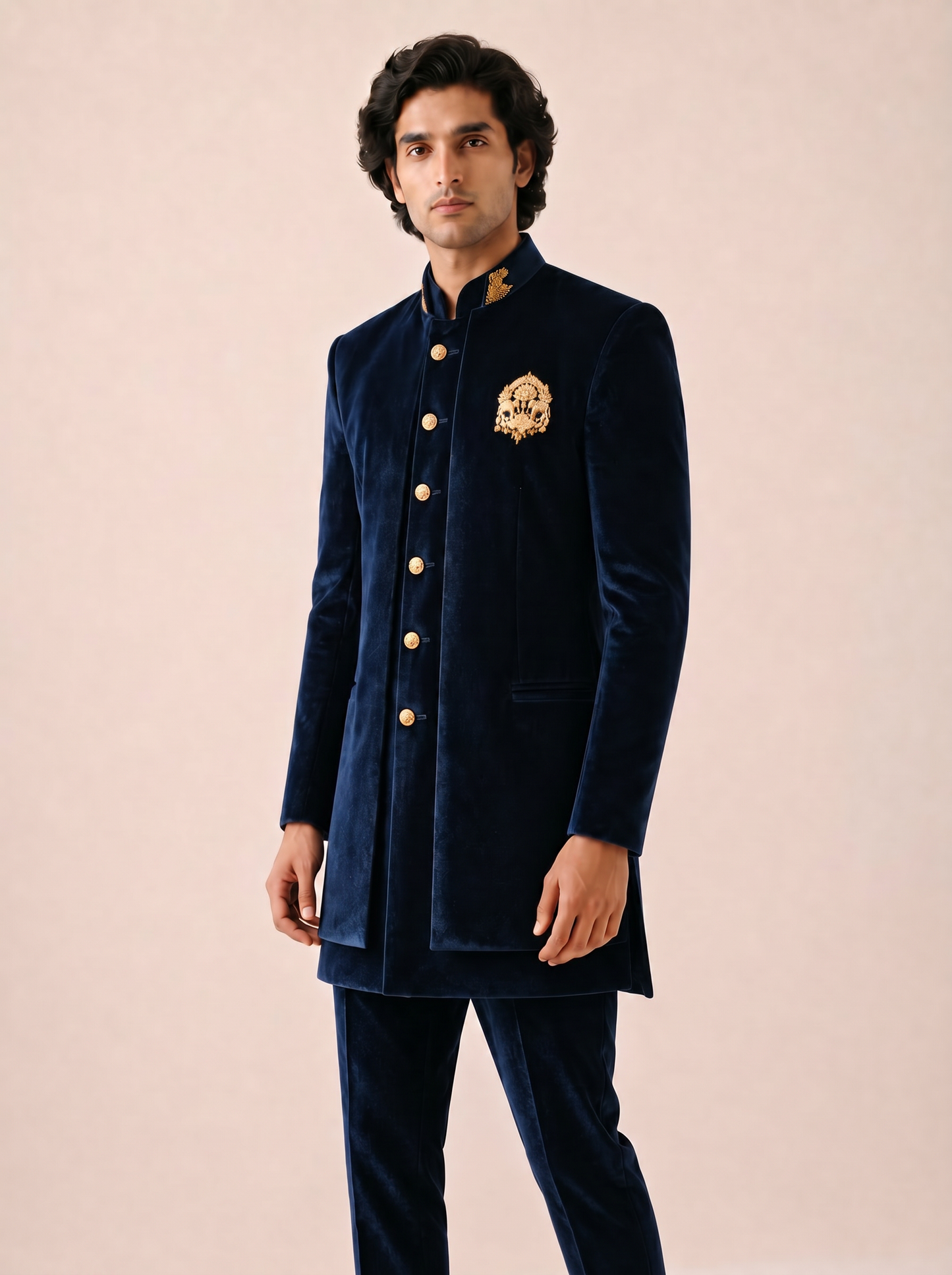 NAVY SUPER SOFT VELVET BANDHGALA SET