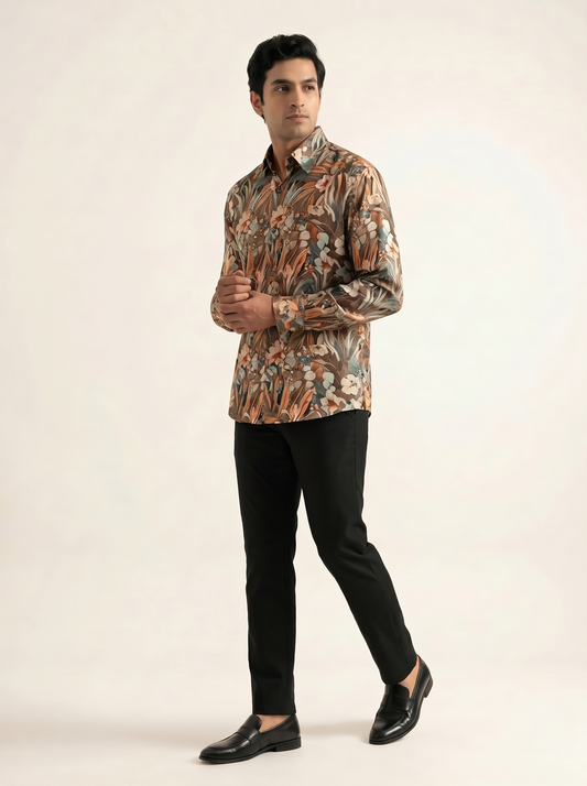 BROWN TEXTURED TROPICAL PRINTED SHIRT
