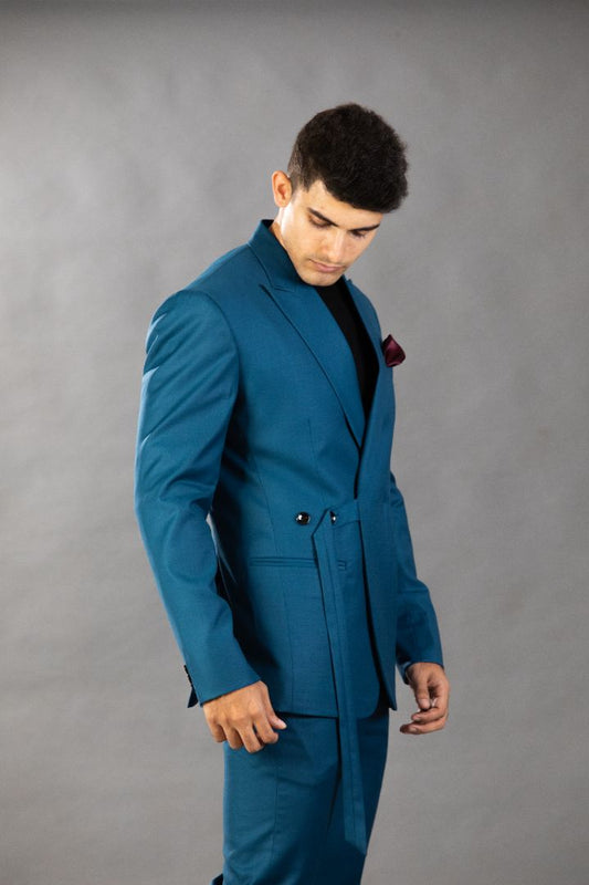 Double breasted Peacock Blue Suit.